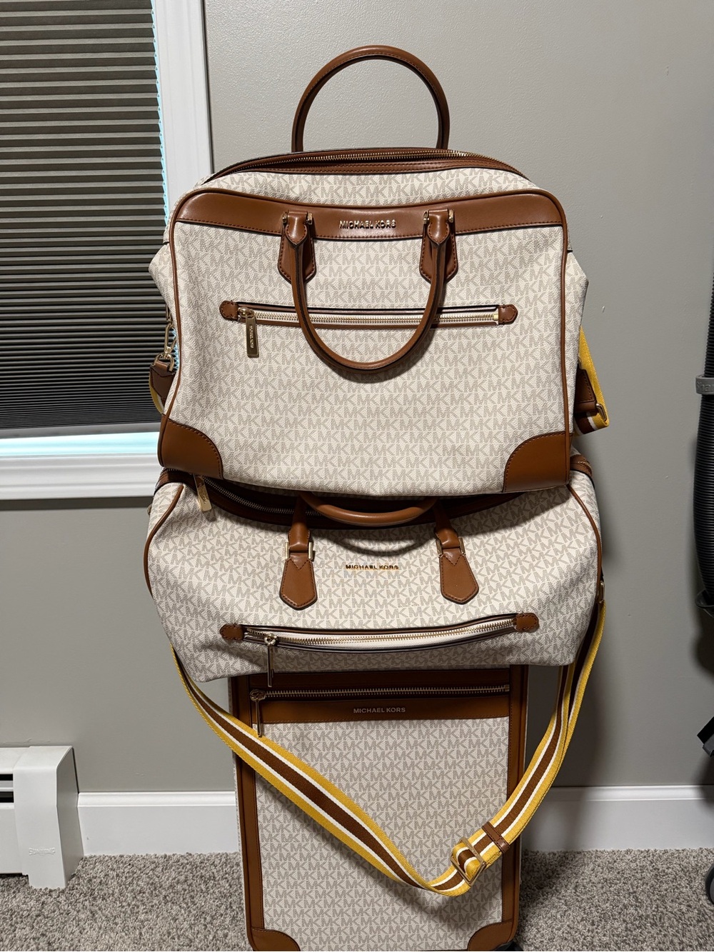 Michael Kors Cream & Brown MK Logo Travel Trio with Yellow Strap